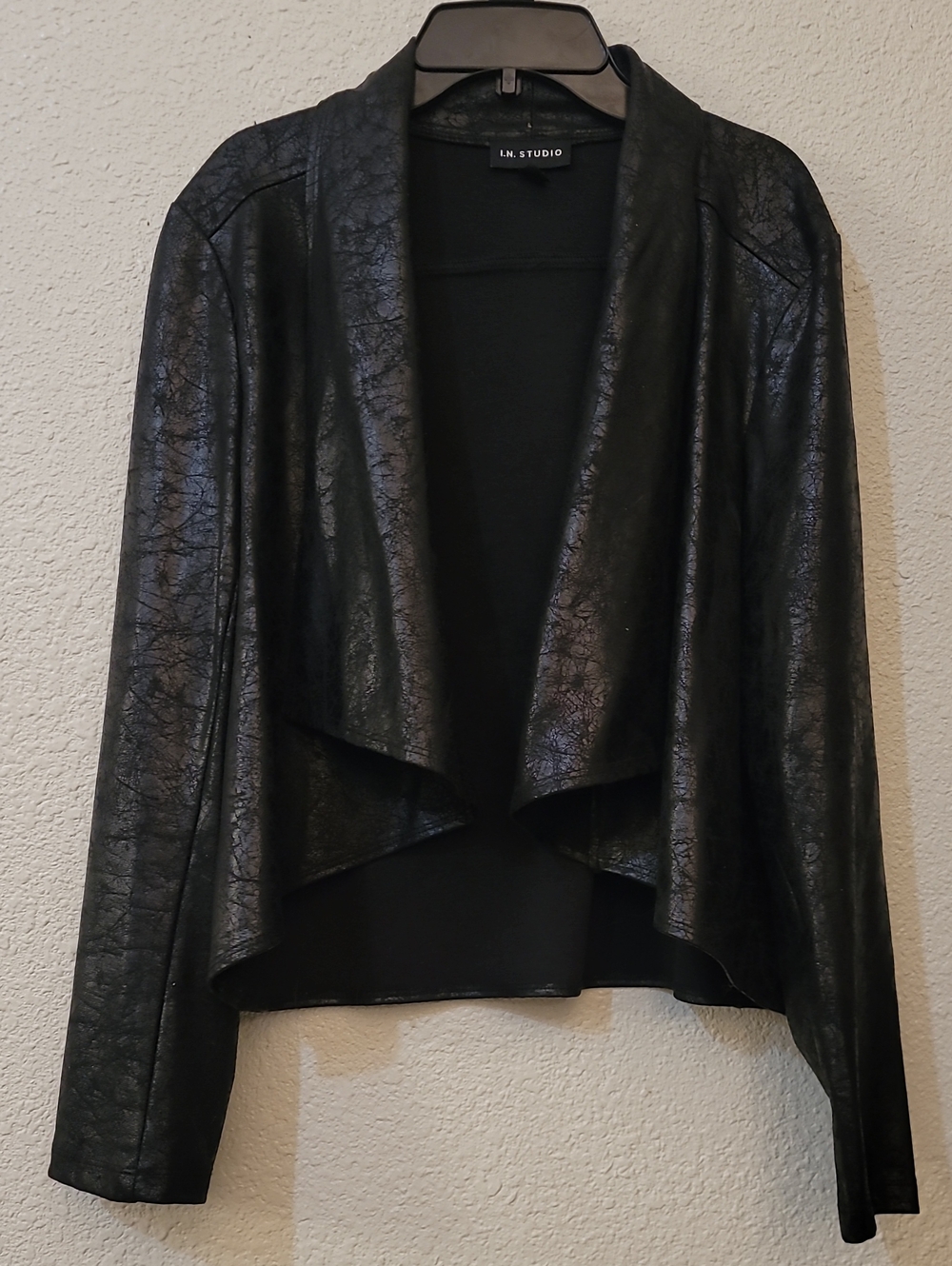 I.N. Studio Black Faux-Leather Draped Waterfall Jacket